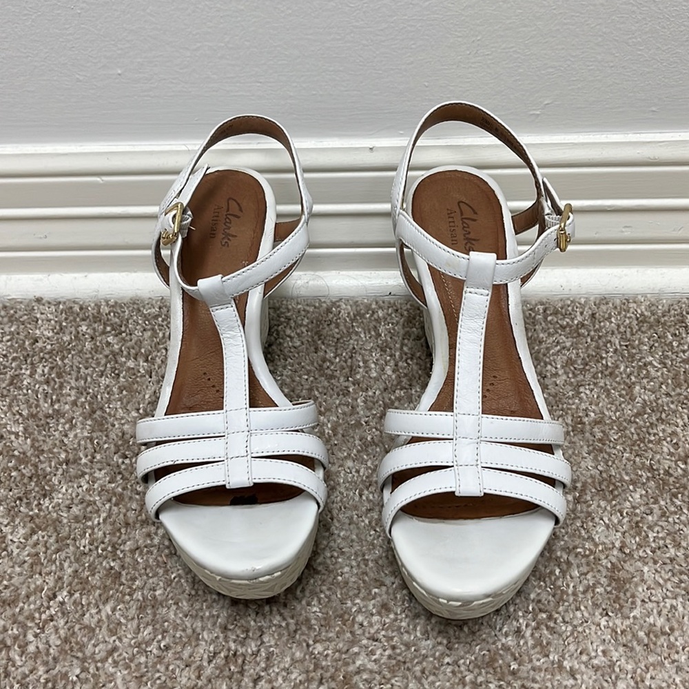 Clarks White Wedge Leather Sandals